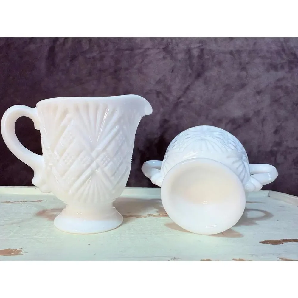Vintage Milk Glass Creamer & Sugar Bowl Set Quilt Pattern Pedestal Base